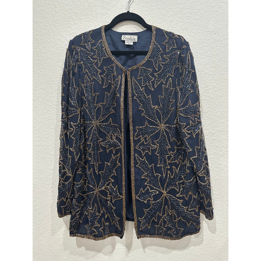 Exotica Vintage Silk Beaded Jacket Navy Gold Leaf Evening Cardigan XL Made India